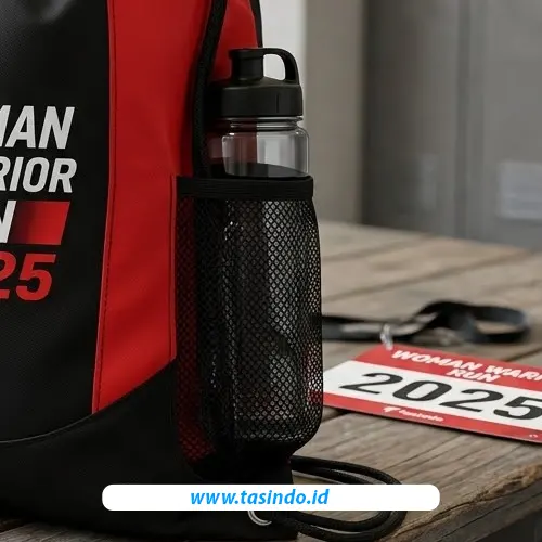 Detail saku jaring samping pada tas serut olahraga custom Tasindo.