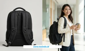 Detail tali bahu adjustable dan handle pada ransel kantor custom