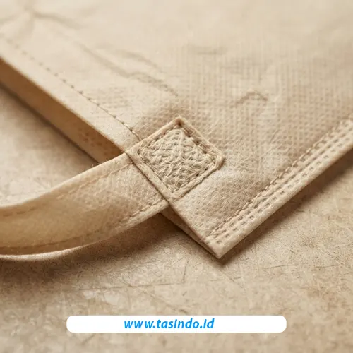 Detail tekstur bahan spunbond dan sambungan pegangan tas custom