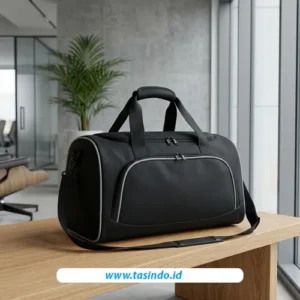 Mini travel bag custom model duffel hitam untuk kebutuhan outing kantor