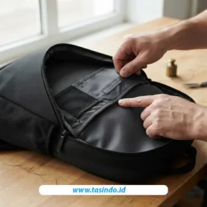 Pemeriksaan furing dan sambungan jahitan pada sampel ransel custom