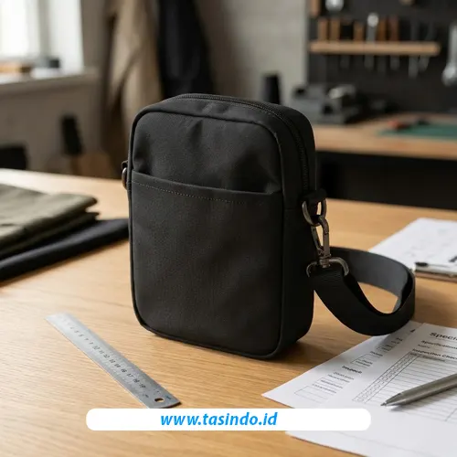 Pemeriksaan logo dan jahitan pada sampel tas custom sebelum produksi