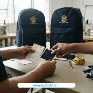 Pemeriksaan sampel bahan tas sebelum menentukan material ransel custom