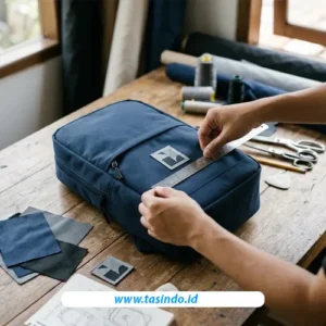 Pemeriksaan ukuran dan penempatan logo pada panel tas custom