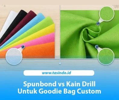 Perbandingan bahan spunbond dan kain drill di samping totebag custom untuk seminar perusahaan