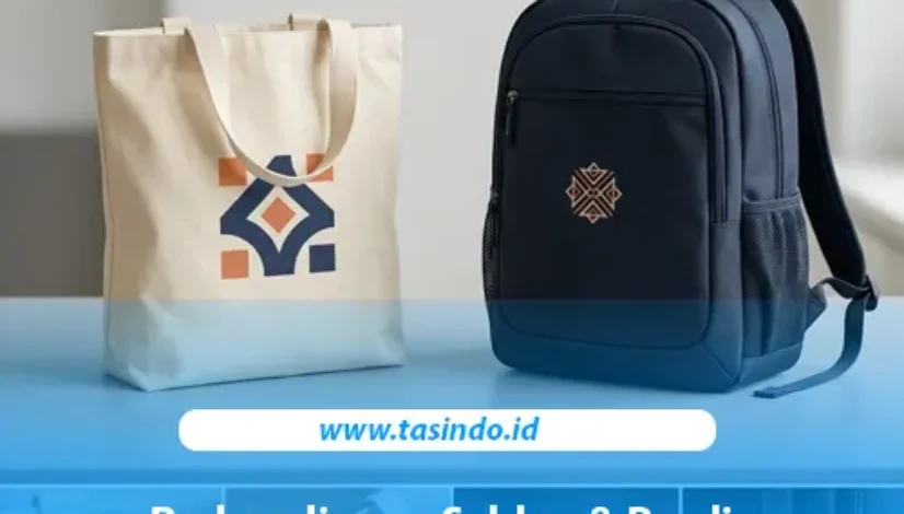 Perbandingan hasil sablon pada totebag dan bordir pada ransel seminar custom.