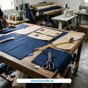 Persiapan pemotongan bahan untuk produksi tas seminar custom.