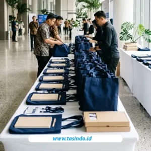 Persiapan tas seminar custom dan perlengkapan peserta sebelum acara.