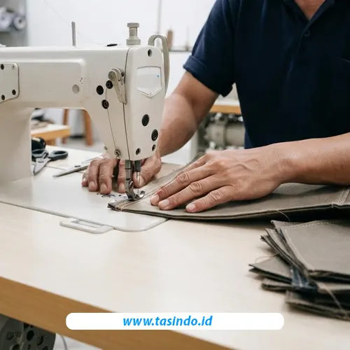 Proses penjahitan bahan tas kain di konveksi tas Tasindo