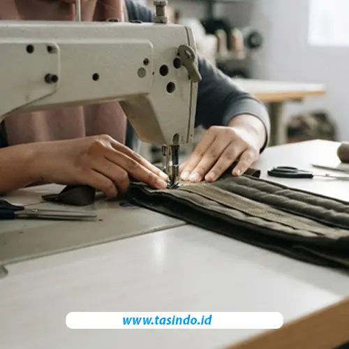 Proses penjahitan ransel custom oleh pekerja konveksi tas Tasindo