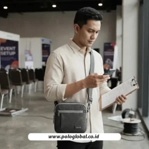 Simulasi koordinator acara menggunakan tas selempang saat mengatur kegiatan lapangan