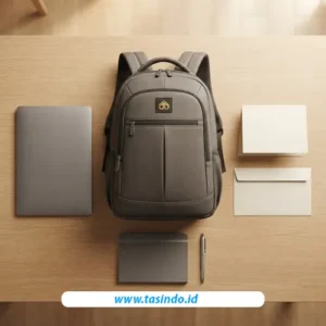 Simulasi welcome kit karyawan baru dengan tas laptop custom dan perlengkapan onboarding