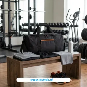 Tas gym hitam dengan perlengkapan fitness untuk menentukan kebutuhan kapasitas tas custom
