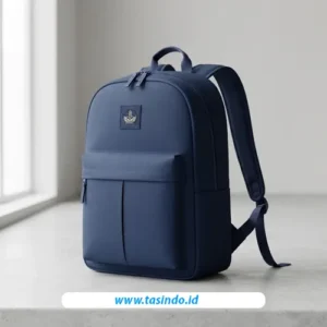 Tas ransel custom pendidikan warna navy untuk program bantuan sekolah.