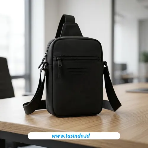 Tas selempang custom organisasi dengan bordir logo dan saku depan dari katalog Tasindo