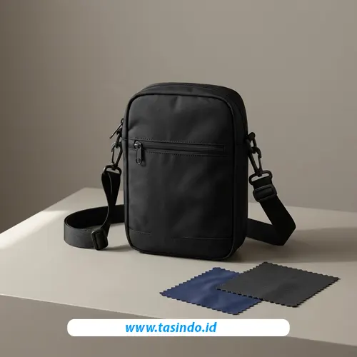 Tas selempang krem dengan aksen batik dari katalog Tasindo sebagai inspirasi desain custom