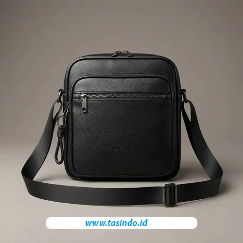 Tas selempang kulit sintetis hitam dengan emblem dari Tasindo
