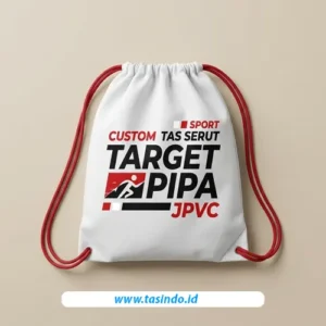 Tas serut custom Tasindo dengan desain grafis merah dan hitam untuk merchandise promosi