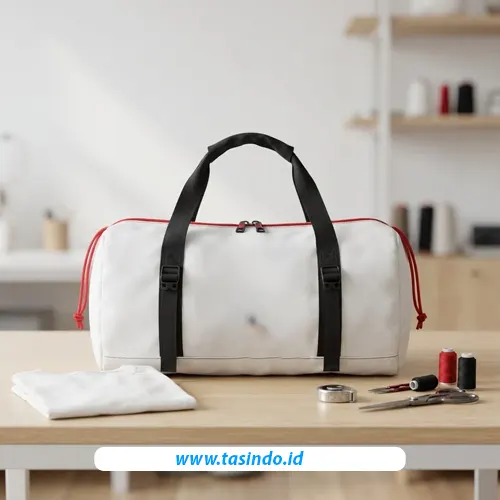 Tas serut custom dengan desain merek sebagai inspirasi kemasan merchandise