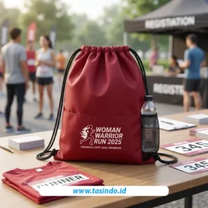Tas serut sport custom Woman Warrior Run sebagai referensi racepack event komunitas.
