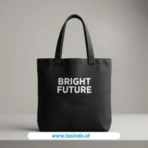 Totebag Bright Future Tasindo dengan sablon putih sebagai referensi merchandise custom