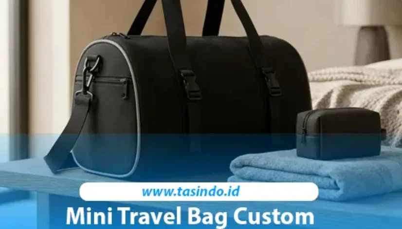 Mini travel bag custom hitam untuk kegiatan outing kantor dan gathering perusahaan. Nama File SEO: mini-travel-bag-custom-outing-kantor
