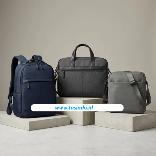 Berbagai model tas kantor custom berupa ransel formal, tas laptop, dan shoulder bag.