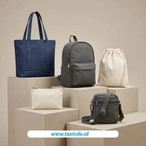 Pilihan model tas souvenir event berupa totebag, pouch, slingbag, drawstring bag, dan ransel