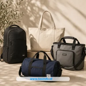 Pilihan tas travel berupa ransel, duffel bag, slingbag, dan totebag untuk berbagai kegiatan.