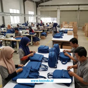 Proses quality control tas custom dalam jumlah besar di pabrik konveksi sebelum pengiriman.