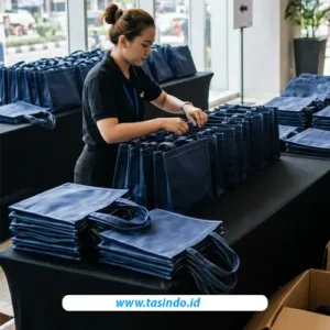 Persiapan tas distribusi kegiatan untuk pembagian kepada peserta event perusahaan.