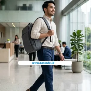 Tas kantor custom dengan desain profesional digunakan karyawan di lingkungan kantor modern.