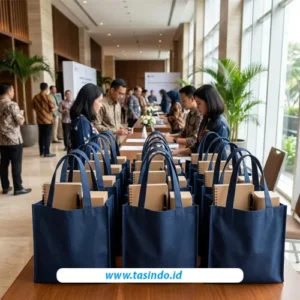 Tas souvenir event ditata bersama perlengkapan peserta pada meja registrasi acara perusahaan.